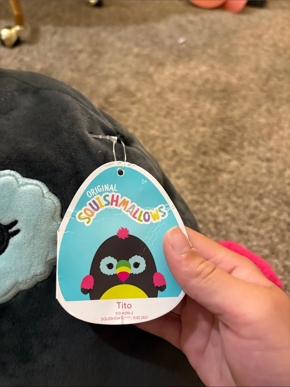 Squishmallows Black Bird Plush with Yellow Belly and Pink Beak Accents